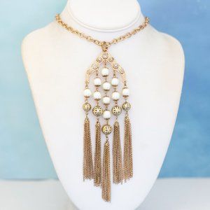 32 inch, Vintage White Faux Pearls Dangling Queen Tassel Necklace - L29